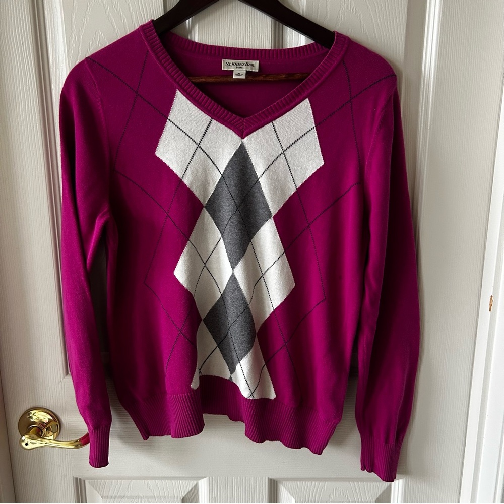 St. John’s Bay Preppy Argyle Sweater, 100% Cotton, Petite Large